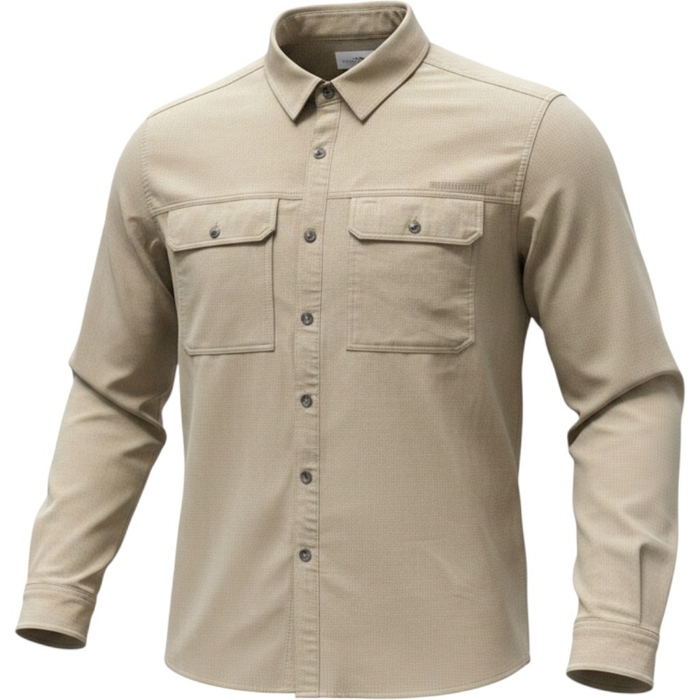 Merrell Mens L Long Sleeve Hiking Shirt Tan Khaki Button Down Ventilated Trail